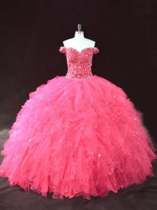 Elegant Sleeveless Floor Length Beading and Ruffles Lace Up Ball Gown Prom Dress with Hot Pink