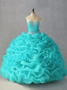 Dramatic Sweetheart Sleeveless Organza Quince Ball Gowns Beading and Pick Ups and Hand Made Flower Lace Up