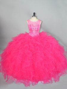 Comfortable Organza Scoop Sleeveless Lace Up Beading and Ruffles Sweet 16 Quinceanera Dress in Hot Pink