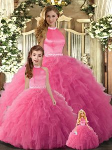 Sleeveless Floor Length Beading and Ruffles Backless Sweet 16 Dress with Hot Pink
