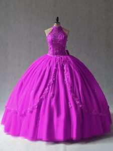 Free and Easy Ball Gowns Quinceanera Dress Fuchsia Halter Top Tulle Sleeveless Floor Length Lace Up