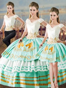 Spectacular Satin Sleeveless Floor Length Vestidos de Quinceanera and Embroidery and Ruffled Layers