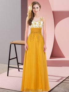 Sumptuous Gold Sleeveless Floor Length Appliques Backless Dama Dress