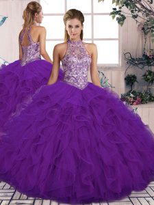 Hot Sale Floor Length Ball Gowns Sleeveless Purple Military Ball Gown Lace Up