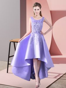 Beautiful Lavender A-line Lace Dama Dress for Quinceanera Zipper Satin Sleeveless High Low
