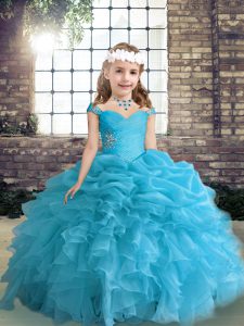 Graceful Blue Lace Up Straps Beading and Ruffles and Pick Ups Little Girl Pageant Dress Organza Sleeveless