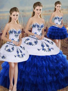 Glamorous Royal Blue 15th Birthday Dress Military Ball and Sweet 16 and Quinceanera with Embroidery and Ruffled Layers and Bowknot Sweetheart Sleeveless Lace Up