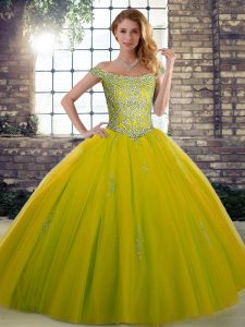 Olive Green Ball Gowns Tulle Off The Shoulder Sleeveless Beading Floor Length Lace Up Ball Gown Prom Dress