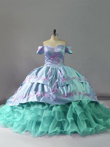 Custom Design Sleeveless Chapel Train Lace Up Embroidery and Ruffles Sweet 16 Dresses