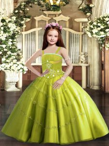 Yellow Green Tulle Lace Up Kids Formal Wear Sleeveless Floor Length Beading