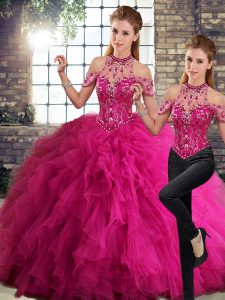 Exquisite Fuchsia Two Pieces Tulle Halter Top Sleeveless Beading and Ruffles Floor Length Lace Up Sweet 16 Quinceanera Dress