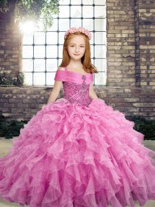 Lilac Lace Up Straps Beading and Ruffles Little Girls Pageant Dress Organza Sleeveless
