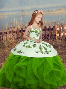 Latest Green Winning Pageant Gowns Party and Sweet 16 and Wedding Party with Embroidery and Ruffles Spaghetti Straps Sleeveless Lace Up