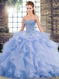 Lavender Ball Gowns Sweetheart Sleeveless Tulle Brush Train Lace Up Beading and Ruffles Sweet 16 Quinceanera Dress