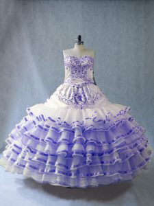 Sleeveless Floor Length Embroidery and Ruffled Layers Lace Up 15th Birthday Dress with Lavender