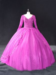 Floor Length Fuchsia 15th Birthday Dress Tulle Long Sleeves Lace and Appliques