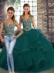 Exceptional Peacock Green Sleeveless Beading and Ruffles Floor Length Quinceanera Gown