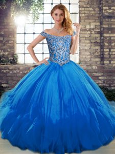 Luxury Blue Off The Shoulder Lace Up Beading and Ruffles Ball Gown Prom Dress Sleeveless