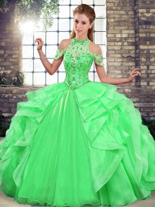 Custom Made Green Ball Gowns Halter Top Sleeveless Organza Floor Length Lace Up Beading and Ruffles Ball Gown Prom Dress