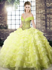Superior Yellow Organza Lace Up Off The Shoulder Sleeveless 15th Birthday Dress Brush Train Beading and Ruffled Layers