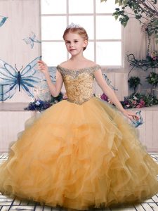 Off The Shoulder Sleeveless Tulle Little Girl Pageant Gowns Beading and Ruffles Lace Up