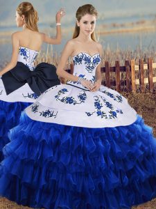 Royal Blue Lace Up Sweetheart Embroidery and Ruffled Layers and Bowknot 15th Birthday Dress Organza Sleeveless