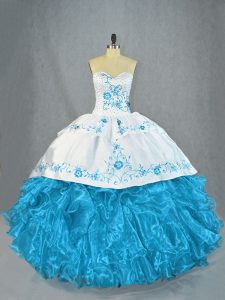 Stylish Baby Blue Organza Lace Up Sweetheart Sleeveless Quinceanera Gowns Beading and Ruffles