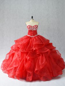 Colorful Red Organza Lace Up Vestidos de Quinceanera Sleeveless Floor Length Beading and Ruffles