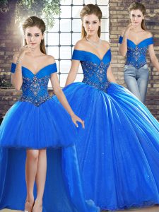 Eye-catching Royal Blue Three Pieces Organza Off The Shoulder Sleeveless Beading Lace Up Sweet 16 Dress Brush Train