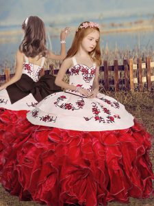 Trendy Organza Straps Sleeveless Lace Up Embroidery and Ruffles Little Girls Pageant Dress in Red