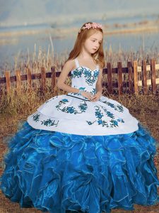 Blue Pageant Dresses Party and Sweet 16 and Wedding Party with Embroidery and Ruffles Straps Sleeveless