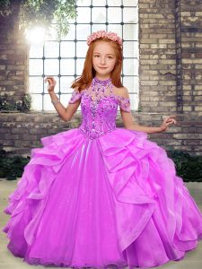 Lilac High-neck Neckline Beading Little Girls Pageant Gowns Sleeveless Lace Up