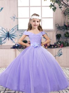 Floor Length Lavender Kids Formal Wear Off The Shoulder Sleeveless Lace Up