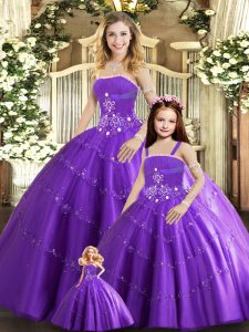 Sumptuous Ball Gowns Sweet 16 Dresses Purple Strapless Tulle Sleeveless Floor Length Lace Up