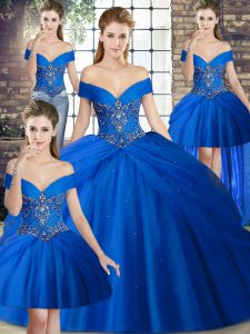 Flare Royal Blue Sleeveless Brush Train Beading and Pick Ups Quince Ball Gowns
