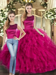 Fuchsia Lace Up Scoop Ruffles 15th Birthday Dress Tulle Sleeveless