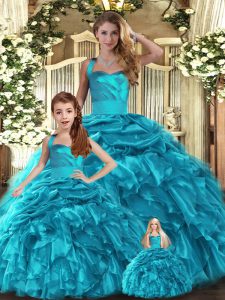 Wonderful Teal Ball Gowns Ruffles and Pick Ups Quinceanera Gowns Lace Up Organza Sleeveless Floor Length