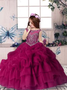 Customized Floor Length Ball Gowns Sleeveless Fuchsia Little Girls Pageant Gowns Lace Up