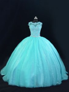 Eye-catching Aqua Blue Sleeveless Tulle Lace Up Sweet 16 Dress for Sweet 16 and Quinceanera