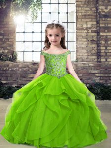 Sleeveless Tulle Floor Length Side Zipper Kids Pageant Dress in with Beading and Ruffles