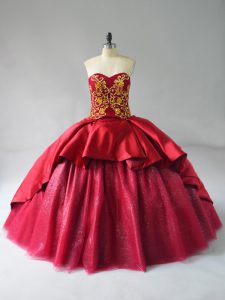 Court Train Ball Gowns Sweet 16 Dress Wine Red Sweetheart Satin and Tulle Sleeveless Lace Up