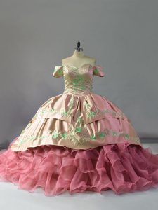 Fantastic Pink Off The Shoulder Lace Up Embroidery and Ruffles Juniors Party Dress Chapel Train Sleeveless
