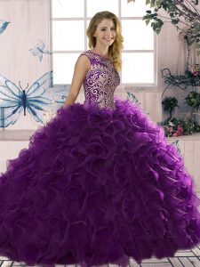 Fashionable Scoop Sleeveless Organza Quinceanera Dress Beading and Ruffles Lace Up