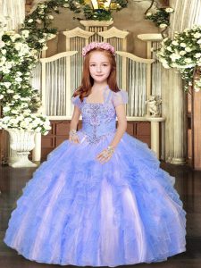 Adorable Tulle Straps Sleeveless Lace Up Beading and Ruffles Girls Pageant Dresses in Blue And White