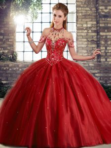 Wine Red Sleeveless Beading Lace Up 15th Birthday Dress