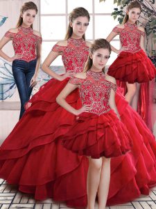 Ball Gowns Quinceanera Gowns Red High-neck Organza Sleeveless Floor Length Lace Up