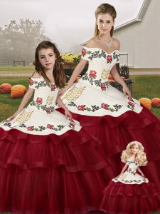 Fitting Wine Red Off The Shoulder Lace Up Embroidery and Ruffled Layers Sweet 16 Dress Brush Train Sleeveless