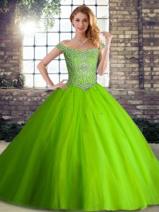 Cheap Off The Shoulder Sleeveless Tulle Ball Gown Prom Dress Beading Brush Train Lace Up