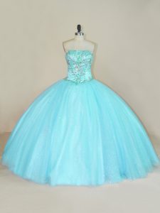 Gorgeous Sleeveless Tulle Floor Length Lace Up Quinceanera Gown in Aqua Blue with Beading