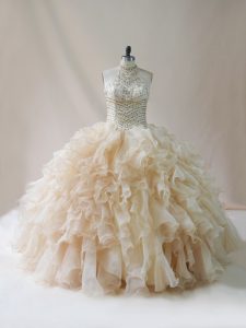 Admirable Champagne Halter Top Lace Up Beading and Ruffles Sweet 16 Dress Sleeveless